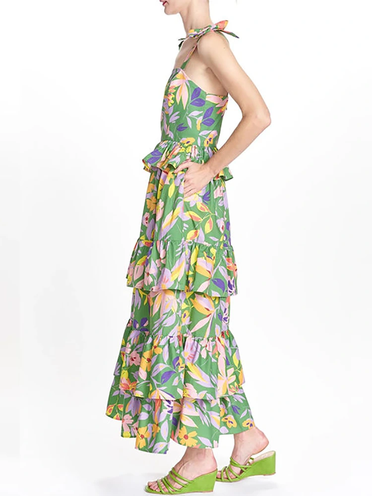 Summer Layered Pleated Printed Long Dress