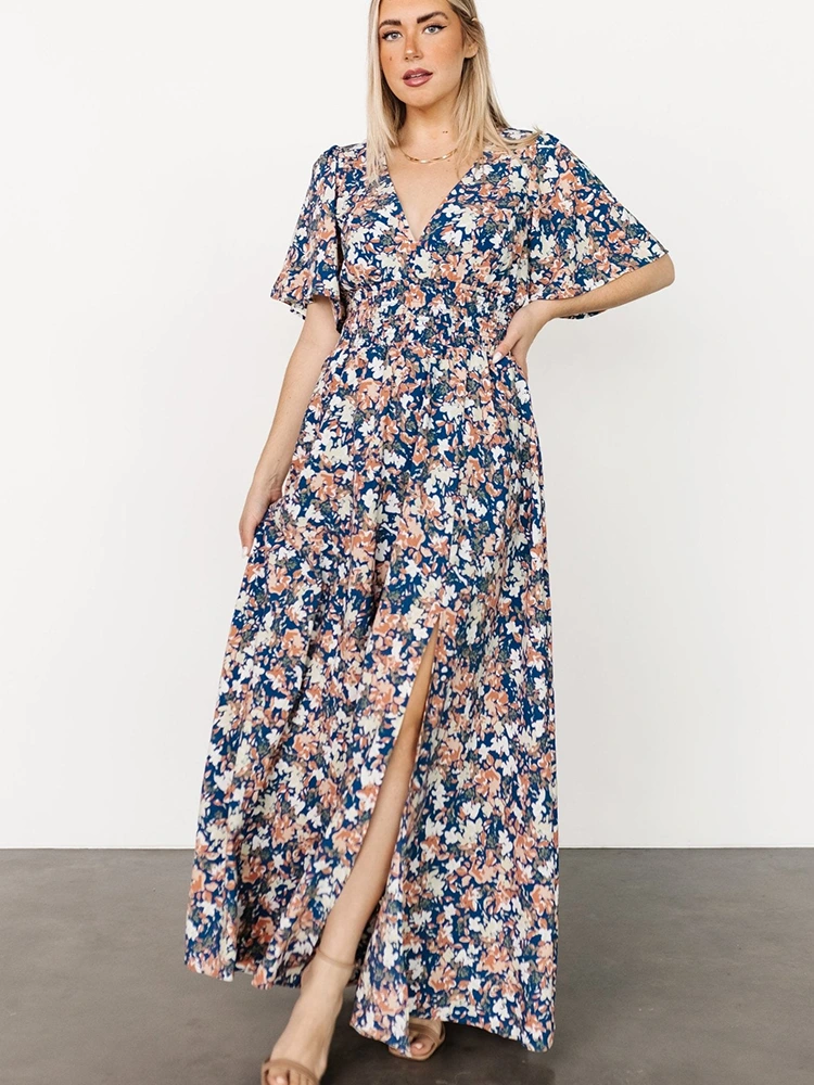 Trykt blomster chiffon V-hals kortermet maxikjole