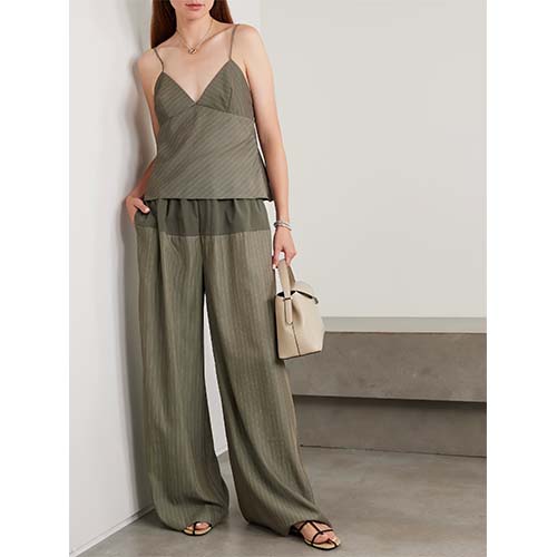 Skreddersydd Olive Pinstripe Cami & Wide-Leg buksesett